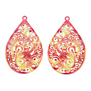 Spray Painted 430 Stainless Steel Filigree Pendants, Teardrop, Red, 45x28.5x0.5mm, Hole: 2mm(STAS-TAC0004-57E)
