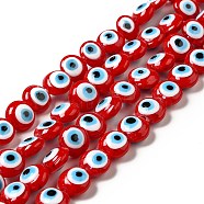 Handmade Evil Eye Lampwork Beads Strands, Flat Round, Red, 12.5x7.5mm, Hole: 1.6mm, about 33pcs/strand, 15.12''(38.4cm)(LAMP-E030-03A)