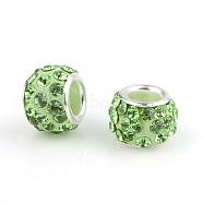 Polymer Clay Rhinestone European Beads, Large Hole Beads, Rondelle, with Silver Color Plated Brass Cores, Peridot, 10~12x7~8mm, Hole: 5mm(CPDL-T001-11)