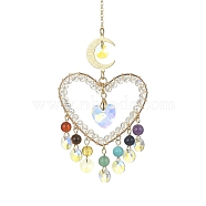 Chakra Gemstone & Brass Heart Pendant Decorations, with Glass Charm, for Home Decorations, Golden, 247mm(HJEW-TA00073)