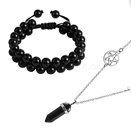Natural Obsidian Bullet Pendant Necklace and Round Braided Bead Bracelet, Gemstone Jewelry Set with 304 Stainless Steel Chain for Women, 18-1/4 inch(46.5cm), 2-1/8~3 inch(5.4~7.6cm)(AJEW-SZ00002-29)