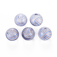 Transparent Handmade Blown Glass Globe Beads, Stripe Pattern, Round, Royal Blue, 13~14.5mm, Hole: 1~2mm(GLAA-T012-35C-06)