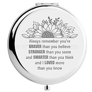 CREATCABIN 1Pc Stainless Steel Customization Mirror, Flat Round with Flower & Word, with 1Pc Rectangle Velvet Pouch, Stainless Steel Color, Mirror: 7x6.5cm(DIY-CN0002-16B)