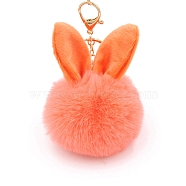 Easter Rabbit Faux Fluffy Ball Pendant Keychains, with Alloy Finding, Light Coral, 90~100mm(PW-WG95913-13)