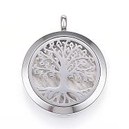 304 Stainless Steel Diffuser Locket Pendants, with Perfume Pad and Magnetic Clasps, Flat Round with Tree, Black, 36.5~37x30x6.5~7mm, Hole: 5mm(STAS-D157-03I)