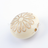 Flat Round with Flower Plating Acrylic Beads, Golden Metal Enlaced, Beige, 16x10mm, Hole: 1.5mm, about 380pcs/500g(PACR-Q102-213A)