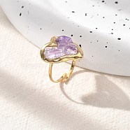 Heart Natural Amethyst Finger Rings, 304 Stainless Steel Open Cuff Rings for Women, Real 18K Gold Plated, Heart: 18.5x16.5mm, Adjustable(STAS-Z112-10G-01)