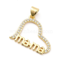 Rack Plating Brass Micro Pave Cubic Zirconia Pendants, Heart with Word mama Charm for Mother's Day, Long-Lasting Plated, Cadmium Free & Lead Free, Real 18K Gold Plated, 22x17.5x1.5mm, Hole: 3x4mm(KK-K270-02G)