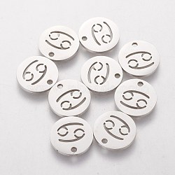 304 Stainless Steel Charms, Flat Round with Constellation/Zodiac Sign, Cancer, 12x1mm, Hole: 1.5mm(STAS-Q201-T095-4)