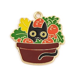 Plant & Animal Alloy Enamel Pendants, Golden, Cat with Potted, Black, 26x25x1mm, Hole: 2mm(FIND-N005-05F-01G)