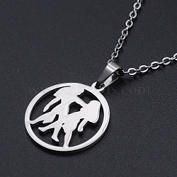 201 Stainless Steel Pendants Necklaces, with Cable Chains and Lobster Claw Clasps, Flat Round with Constellation/Zodiac Sign, Gemini, 15-3/4 inch(40cm), 1.5mm(NJEW-S105-JN626-3)