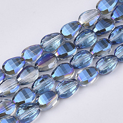 Translucent Electroplate Glass Beads Strands, Half Plated, Faceted, Teardrop, Dodger Blue, 8.5x6x3.5mm, Hole: 1mm, about 80pcs/Strand, 26.38 inch(67cm)(EGLA-T020-03B)