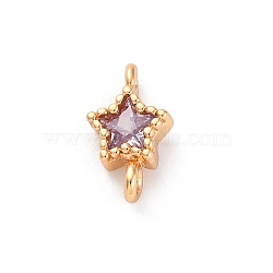 Brass Cubic Zirconia Star Connector Charms, Real 18K Gold Plated, Purple, 10.5x6x3.5mm, Hole: 0.9mm(KK-Z084-11G-01)