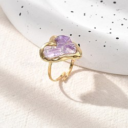 Heart Natural Amethyst Finger Rings, 304 Stainless Steel Open Cuff Rings for Women, Real 18K Gold Plated, Heart: 18.5x16.5mm, Adjustable(STAS-Z112-10G-01)