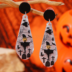 Halloween Cute Teardrop with Cartoon Pumpkin Ghost Stud Earrings, Gray, 67x22mm(EA7771-2)