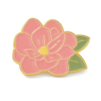 Camellia Flower Enamel Pin, Lovely Alloy Enamel Brooch for Backpacks Clothes, Golden, Pale Violet Red, 22.5x29x9mm