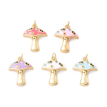 Autumn Theme Rack Plating Brass Micro Pave Colorful Cubic Zirconia Pendants, with Enamel, Cadmium Free & Nickel Free & Lead Free, Real 18K Gold Plated, Mushroom, Mixed Color, 16.5x14x3.5mm, Hole: 2.8mm
