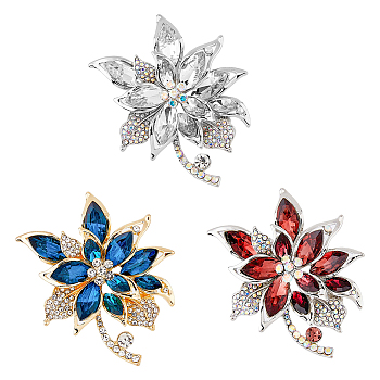 2pcs 2 colors Rhinestone Flower Brooch Pin, Zinc Alloy Badge for Backpack Clothes, Mixed Color, 47.5x57.5x11.5mm, 1Pc/color
