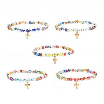Millefiori Glass Beaded Stretch Bracelet with 304 Stainless Steel Cross Charm for Women, Mixed Color, Inner Diameter: 2-1/8 inch(5.4cm)