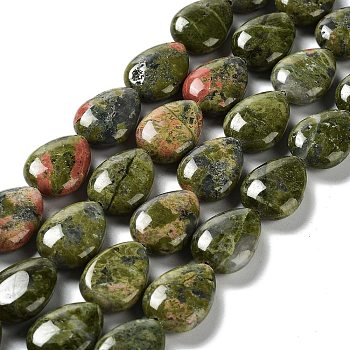 Natural Unakite Beads Strands, Flat Teardrop, 17.5~18x13x6mm, Hole: 1.2mm, about 22pcs/strand, 15.24 inch(38.7cm)