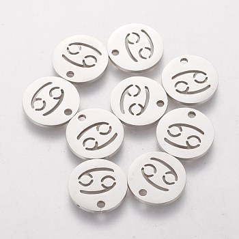 304 Stainless Steel Charms, Flat Round with Constellation/Zodiac Sign, Cancer, 12x1mm, Hole: 1.5mm