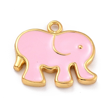 Golden Brass Enamel Pendants, Long-Lasting Plated, Elephant, Pink, 16x17.5x2mm, Hole: 1.6mm