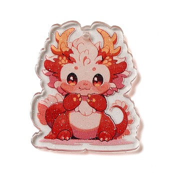 Acrylic Pendants, Cartoon Dragon, Red, 39.5x31x2.5mm, Hole: 1.8mm