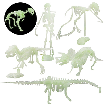 Luminous Artificial Plastic Dinosaur Skeleton Model, Glow in The Dark, for Halloween Prank Prop Decoration, Honeydew, 25~145x65~275x60~110mm, 6pcs/set