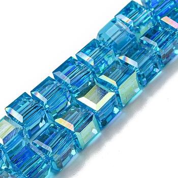 Electroplate Glass Beads Strands, Half Rainbow Plated, Faceted, Cube, Deep Sky Blue, 7~7.5x7~7.5x7~7.5mm, Hole: 1mm