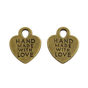Tibetan Style Alloy Heart Charms, with Phrase Hand Made with Love, For Valentine's Day, Cadmium Free & Nickel Free & Lead Free, Antique Bronze, 15x12x1mm, Hole: 2.5mm