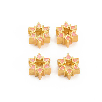 Rack Plating Alloy Enamel European Beads, Large Hole Beads, Matte Gold Color, Cadmium Free & Nickel Free & Lead Free, Star, Pink, 10x11x7mm, Hole: 5mm