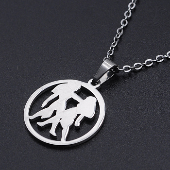 201 Stainless Steel Pendants Necklaces, with Cable Chains and Lobster Claw Clasps, Flat Round with Constellation/Zodiac Sign, Gemini, 15-3/4 inch(40cm), 1.5mm