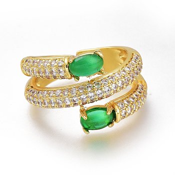 Brass Micro Pave Cubic Zirconia Cuff Open Rings, Wide Band Rings, Long-Lasting Plated, Oval, Golden, Green, US Size 6(16.5mm)