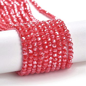 Electroplate Opaque Glass Beads Strands, Faceted(32 Facets), Pearl Luster Plated, Round, Red, 3mm, Hole: 0.8mm, about 164~166pcs/strand, 19.69~19.88 inch(50~50.5cm)