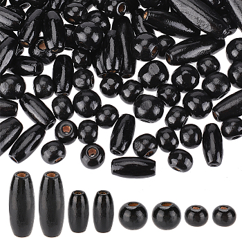 Elite 480Pcs 4 Style Dyed Natural Wood Beads, Oval/Oblong & Round & Egg, Black, 8~23x8~9mm, Hole: 2.5~3mm, 120pcs/style