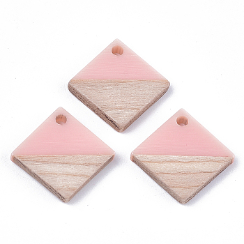 Resin & Wood Pendants, Rhombus, Pink, 16.5~17.5x17~18x3~4mm, Hole: 1.8mm, Side Length: 12~13mm