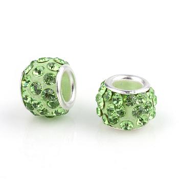 Polymer Clay Rhinestone European Beads, Large Hole Beads, Rondelle, with Silver Color Plated Brass Cores, Peridot, 10~12x7~8mm, Hole: 5mm