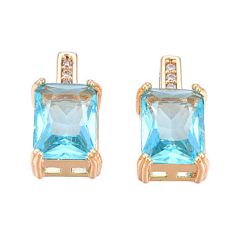 Brass Micro Pave Cubic Zirconia Charms, Real 18K Gold Plated, Flower, Cadmium Free & Nickel Free & Lead Free, Rectangle, Deep Sky Blue, 12.5x7x5mm, Hole: 1.2mm