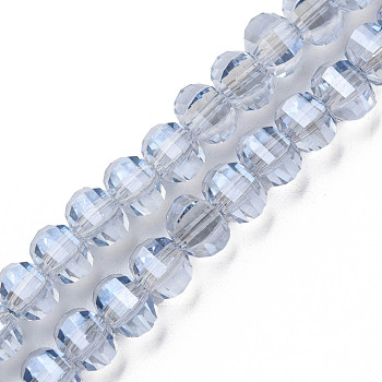 Electroplate Transparent Glass Beads Strands, Faceted, Round, Cornflower Blue, 10x8~9mm, Hole: 1.5mm, about 58~60pcs/strand, 19.69 inch(50cm)