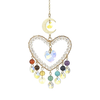 Chakra Gemstone & Brass Heart Pendant Decorations, with Glass Charm, for Home Decorations, Golden, 247mm