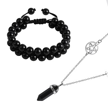 Natural Obsidian Bullet Pendant Necklace and Round Braided Bead Bracelet, Gemstone Jewelry Set with 304 Stainless Steel Chain for Women, 18-1/4 inch(46.5cm), 2-1/8~3 inch(5.4~7.6cm)