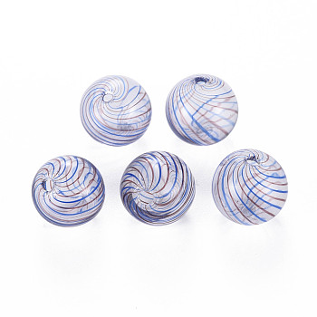 Transparent Handmade Blown Glass Globe Beads, Stripe Pattern, Round, Royal Blue, 13~14.5mm, Hole: 1~2mm