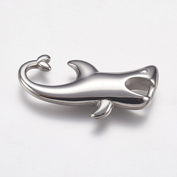 304 Stainless Steel Pendants, Shark, Stainless Steel Color, 40x21x11mm, Hole: 10x12mm