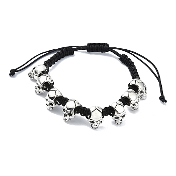 Adjustable Alloy Braided Beads Bracelets, Halloween Skull Bracelets for Men Women, Black, Inner Diameter: 2~3-1/8 inch(5~7.8cm)