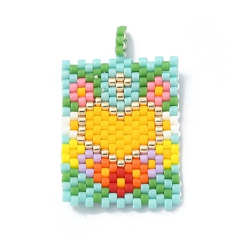 Handmade Japanese Seed Loom Pattern Seed Beads, Rectangle with Heart Pendants, Yellow, 32x19.5x1.5mm, Hole: 2.5mm