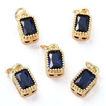 Real 18K Gold Plated Brass Inlaid Cubic Zirconia Charms, with Jump Ring, Long-Lasting Plated, Rectangle, Dark Blue, 9.5x5x3.5mm, Jump Ring: 4x0.5mm, 2.5mm Inner Diameter