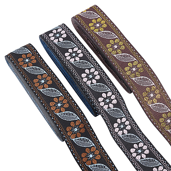 10.5M 3 Styles Ethnic Style Embroidery Polyester Ribbons, Jacquard Ribbon, Garment Accessories, Flower & Leaf Pattern, Mixed Color, 1-1/4 inch(32mm)