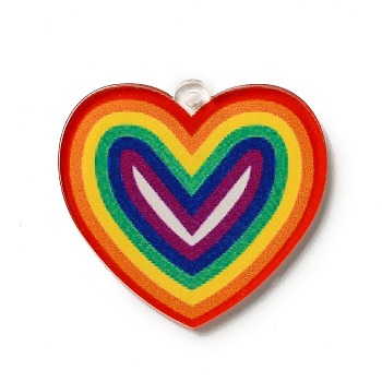 Rainbow Color Printed Acrylic Pendants, Heart Pattern, 29.5x31.5x2.5mm, Hole: 1.6mm