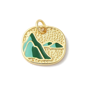 Rack Plating Brass Enamel Pendants, with Jump Ring, Long-Lasting Plated, Cadmium Free & Lead Free, Square with Mountain Charm, Real 18K Gold Plated, 17x15x2mm, Hole: 3mm