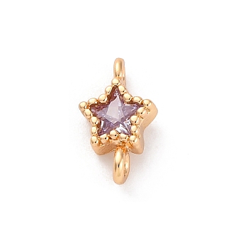 Brass Cubic Zirconia Star Connector Charms, Real 18K Gold Plated, Purple, 10.5x6x3.5mm, Hole: 0.9mm